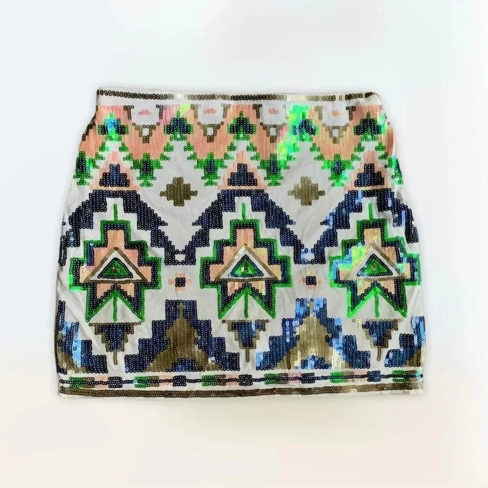 DejaVu Skirt Aztec Design Sequins Mini Pull On Embellished Size XS